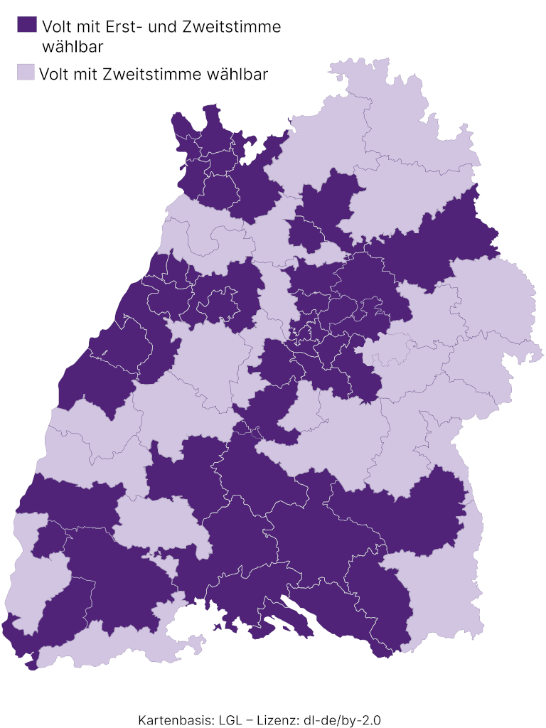 Karte zeigt wo Volt mit Erst- und Zweitstimme jeweils w&auml;hlbar ist